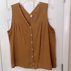 Old Navy linen blend sleeveless top pintuck button v neck ocher size XL